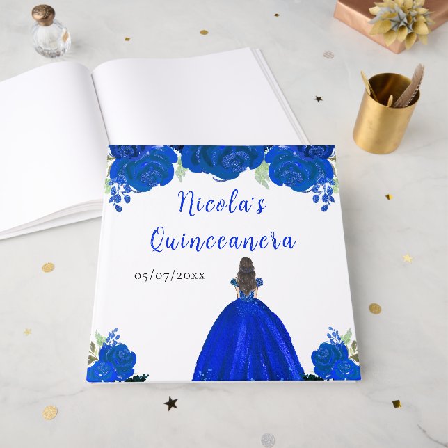 Livro De Visitas Brown Hair Princess Blue Quinceanera Guest Book (Frente aberta)