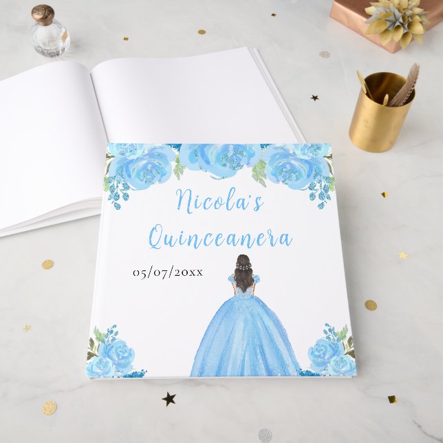 Livro De Visitas Brown Hair Princess Blue Quinceanera Guest Book (Frente aberta)