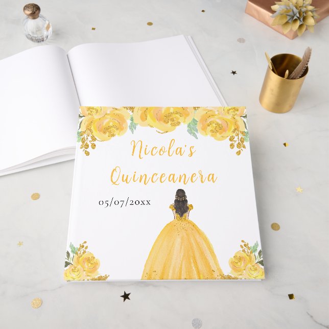 Livro De Visitas Brown Hair Princess Gold Quinceanera Guest Book (Frente aberta)