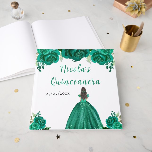 Livro De Visitas Brown Hair Princess Green Quinceanera Guest Book (Frente aberta)