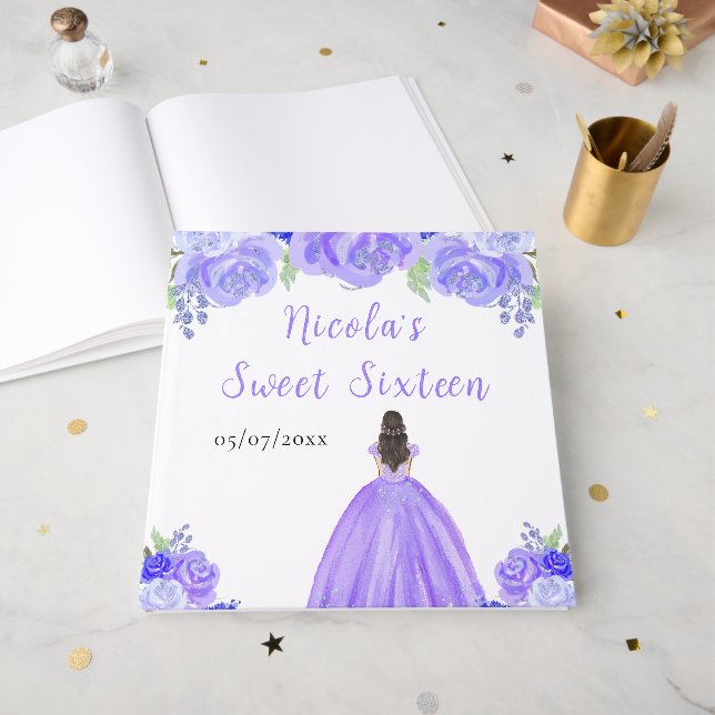Livro De Visitas Brown Hair Princess Purple Sweet 16 Guest Book (Frente aberta)