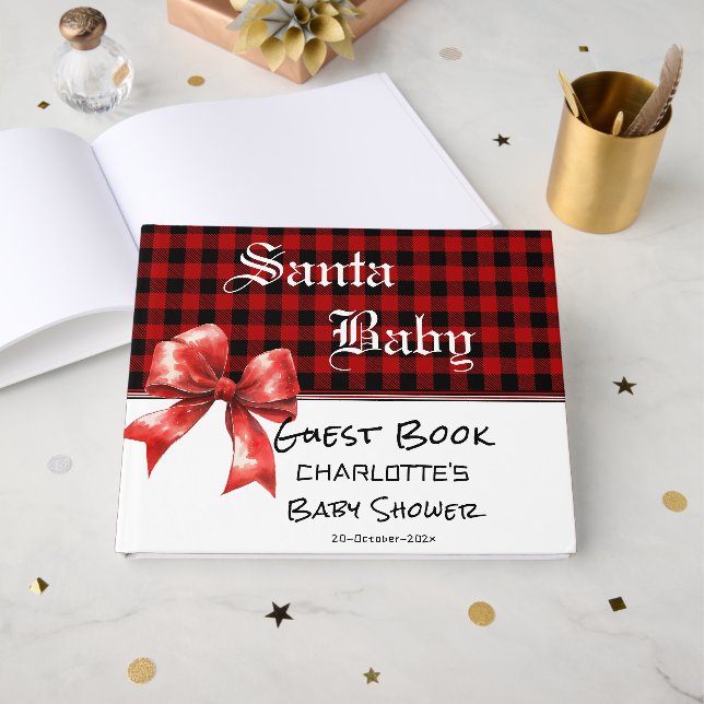 Livro De Visitas Buffalo Plaid Watercolor Bow Baby Shower (Frente aberta)