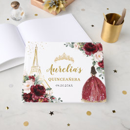 Livro De Visitas Burgundy Blush Floral Paris Eiffel Quinceanera XV