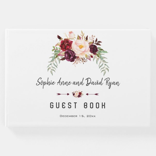 Livro De Visitas Burgundy Blush Floral Planner de Casamento (Frente)
