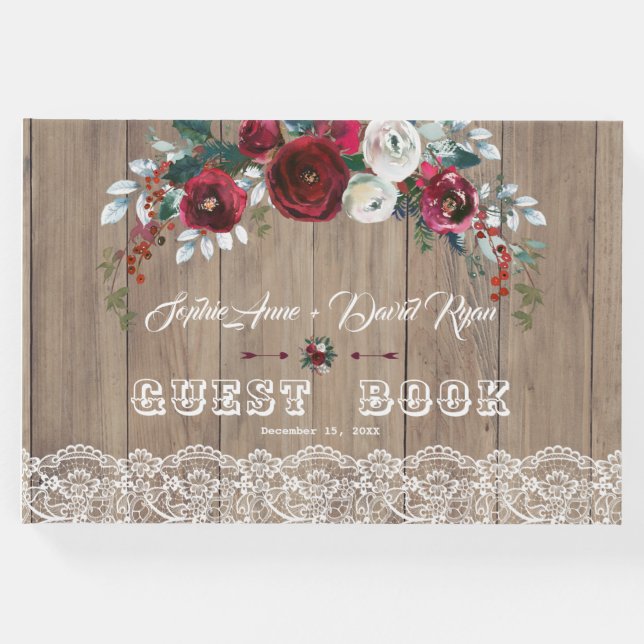 Livro De Visitas Burgundy Blush Flowers Lace Wood Casamento (Frente)