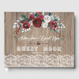 Livro De Visitas Burgundy Blush Flowers Lace Wood Casamento