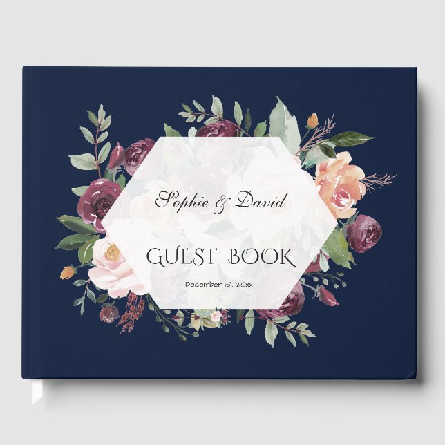 Livro De Visitas Burgundy Blush Ivory Floral Marinho Azul Casamento (Frente)