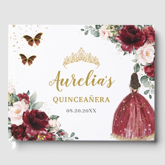 Livro De Visitas Burgundy Blush Princesa Floral Dourada Quinceañera (Frente)
