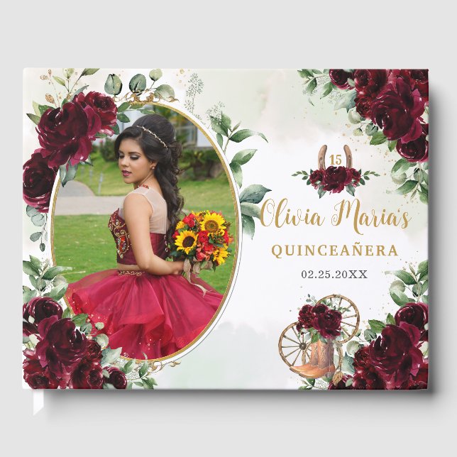 Livro De Visitas Burgundy Floral Charro Boots Quinceanera Foto (Frente)