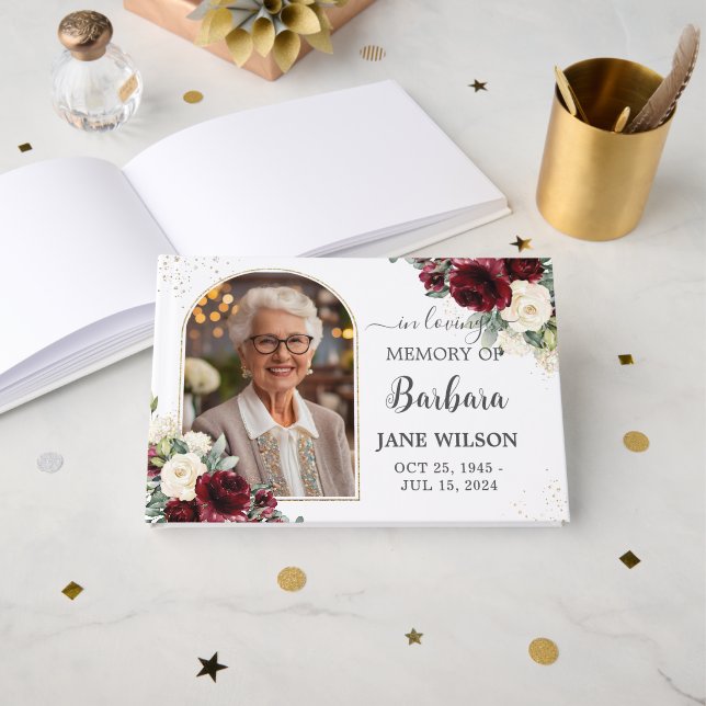 Livro De Visitas Burgundy Ivory White Floral Memorial Foeral Funera (Frente aberta)