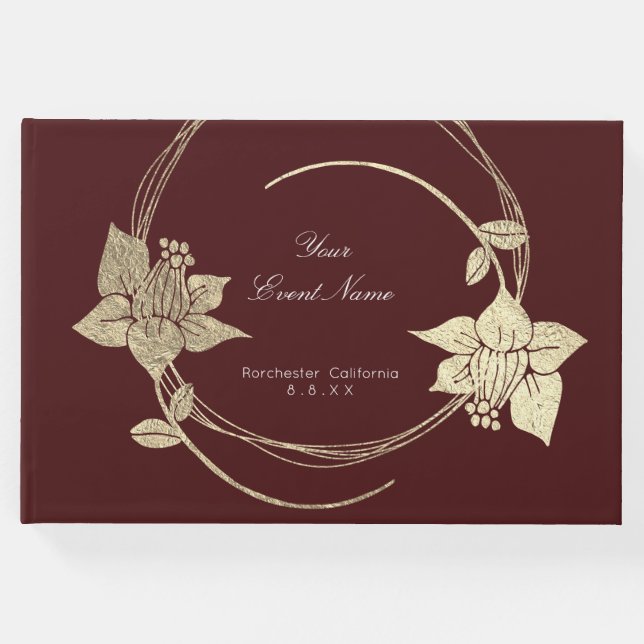 Livro De Visitas Burgundy Maroon Champaço Floral Dourado Lux (Frente)