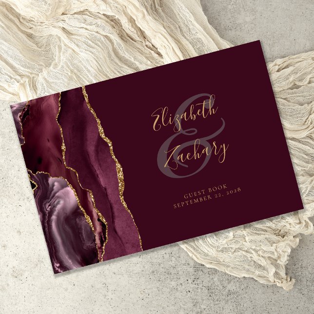 Livro De Visitas Burgundy Moderno Ágata Dourada Script (Criador carregado)