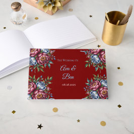 Livro De Visitas Burgundy Peony e Blue Rosa Weding