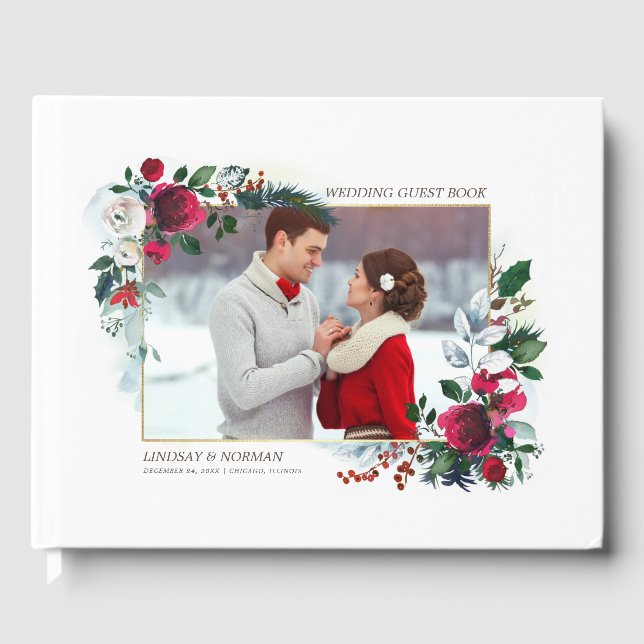 Livro De Visitas Burgundy Red Bloom | Casamento Fotográfico (Frente)