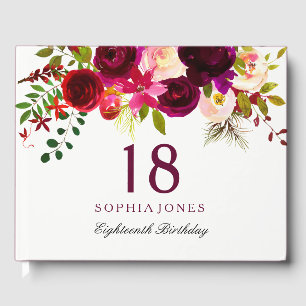 Livro De Visitas Burgundy Red Floral Boho 18ª Festa de aniversári