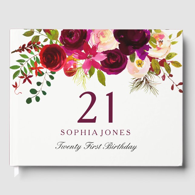 Livro De Visitas Burgundy Red Floral Boho aniversário de 21 anos (Frente)