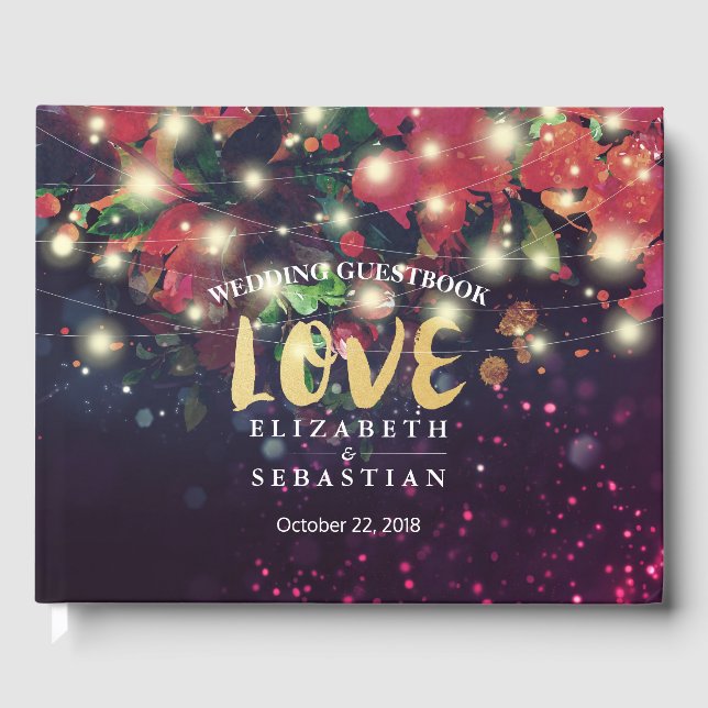 Livro De Visitas Burgundy Red Floral String Light (Frente)