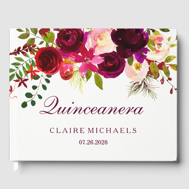 Livro De Visitas Burgundy Red Purple Floral Boho Quinceanera (Frente)