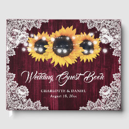 Livro De Visitas Burgundy Sunflower Wood Floral Lace Wedding