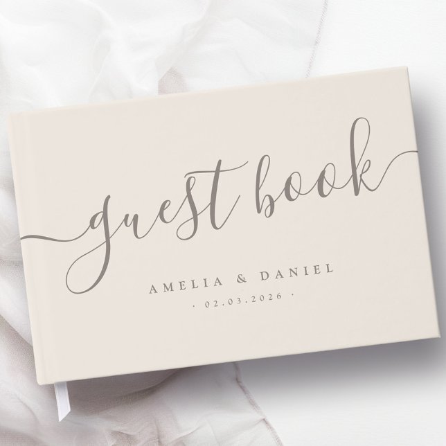 Livro De Visitas Caligrafia elegante casamento bege marrom claro (Elegant calligraphy wedding light tan brown guest book)