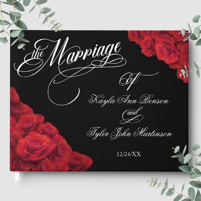 Livro De Visitas Calligraphy Photo Red Roses Black Wedding (Calligraphy Photo Red Roses Black Wedding Guest Book Front)