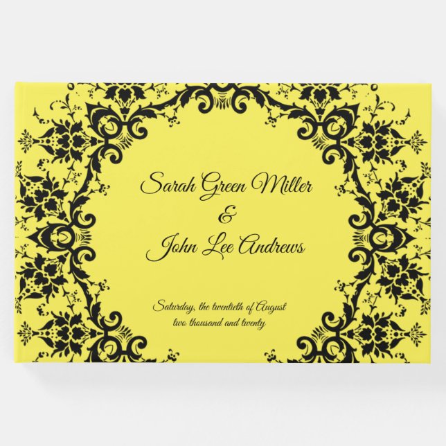 Livro De Visitas Casamento Amarelo Floral Personalizado Damask (Frente)
