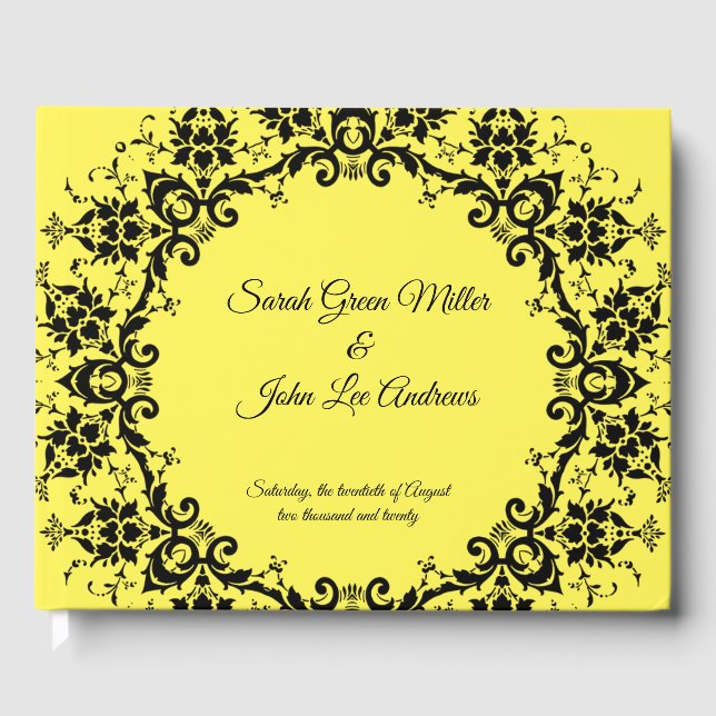 Livro De Visitas Casamento Amarelo Floral Personalizado Damask (Frente)