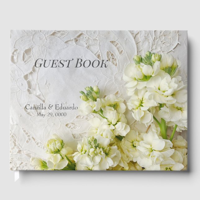 Livro De Visitas Casamento antigo com flores brancas (Frente)