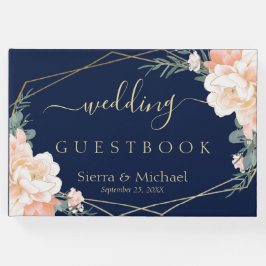 Livro De Visitas Casamento Azul com Creme Floral Dourado Marinho El