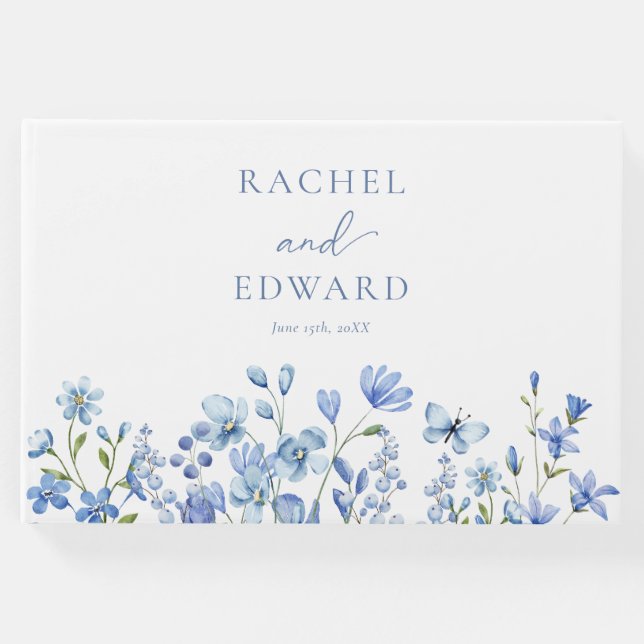 Livro De Visitas Casamento Azul com Derrame Floral Elegante (Frente)
