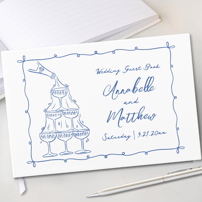Livro De Visitas Casamento Azul Desenhado Pela Mão (Whimsical Retro Hand Drawn Blue Wedding Guest Book)