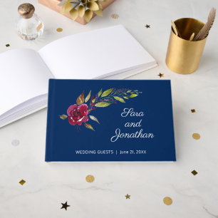 Livro De Visitas Casamento Azul Escuro Floral Escuro Elegante