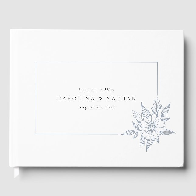 Livro De Visitas Casamento Azul Simples Elegante Floral Dusty (Frente)