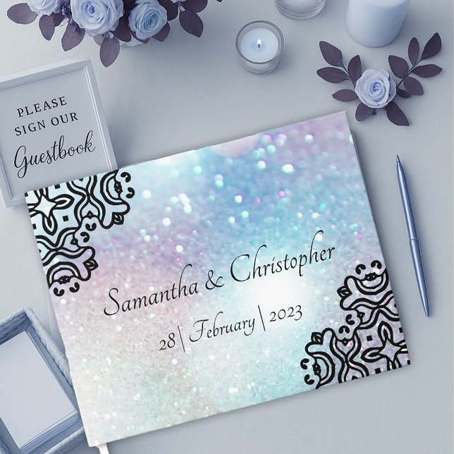 Livro De Visitas Casamento Black Damask Lace e Pastel Sparkles (Black Damask Lace and Pastel Sparkles Wedding Guest Book by Graphic Allusions)