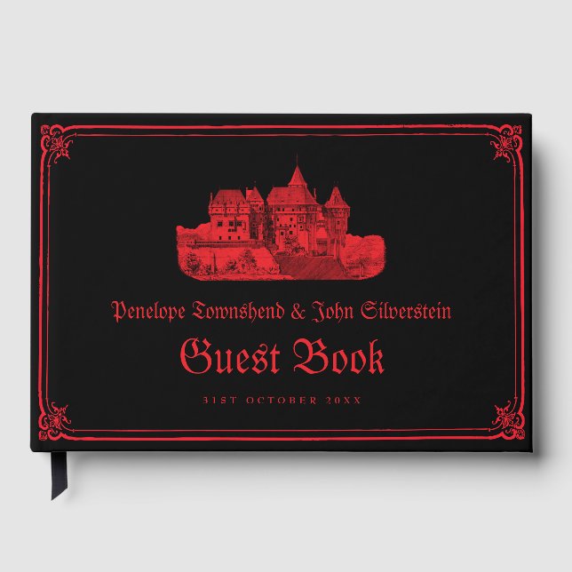 Livro De Visitas Casamento Borda Castelo Vampiro Gótico Preto Verme (Frente)