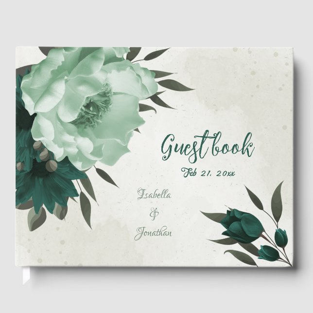 Livro De Visitas casamento botânico com flores verdes esmeraldas (Frente)