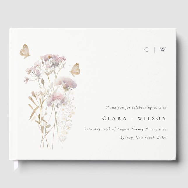 Livro De Visitas Casamento Botânico de Lilac Boho Wildflower Fern (Frente)