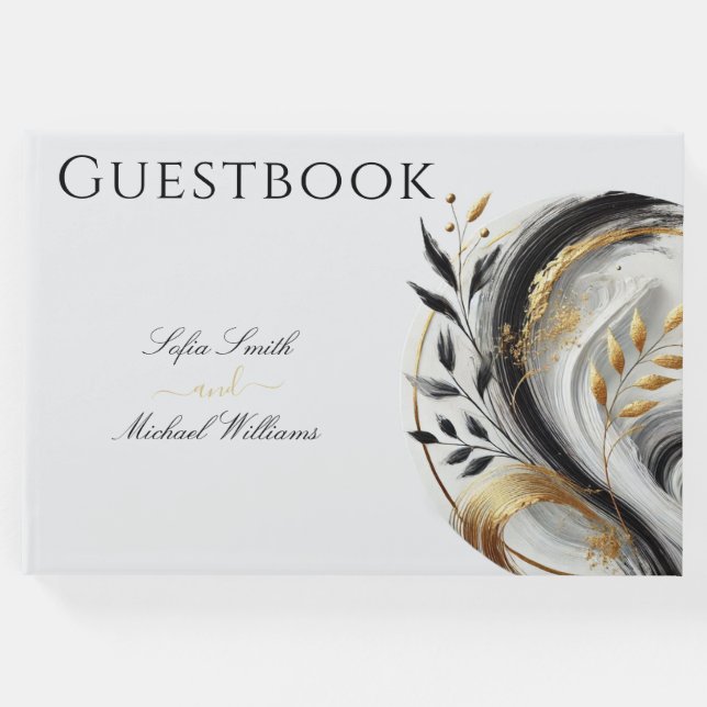 Livro De Visitas Casamento Botânico Dourado e branco preto moderno (Frente)