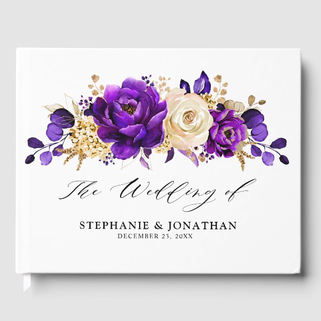 Livro De Visitas Casamento Botânico Dourado Violeta Roxo Real (Frente)