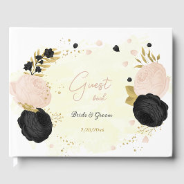 Livro De Visitas casamento botânico entre flores pretas e rosa