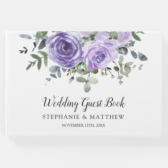 Livro De Visitas Casamento Botânico Eucalyptus Rosas Roxos (Frente)