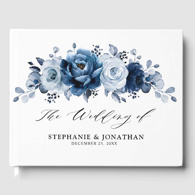 Livro De Visitas Casamento Botânico Floral de Marinho Azul Dusty (Frente)