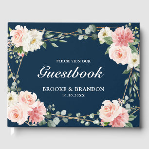 Livro De Visitas Casamento Botânico Geométrico Rosa Floral Naval
