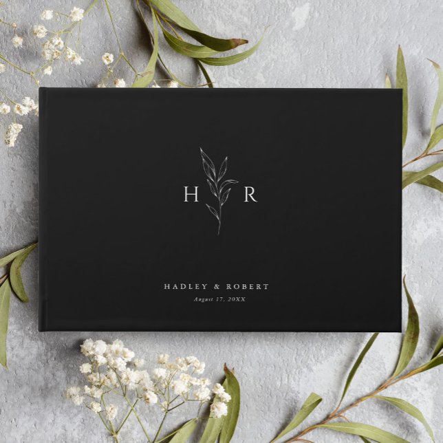 Livro De Visitas Casamento Botânico Mínimo Simples Preto (Criador carregado)