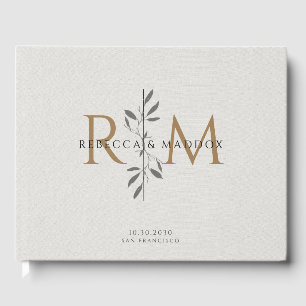 Livro De Visitas Casamento Botânico Monograma Cinza Elegante