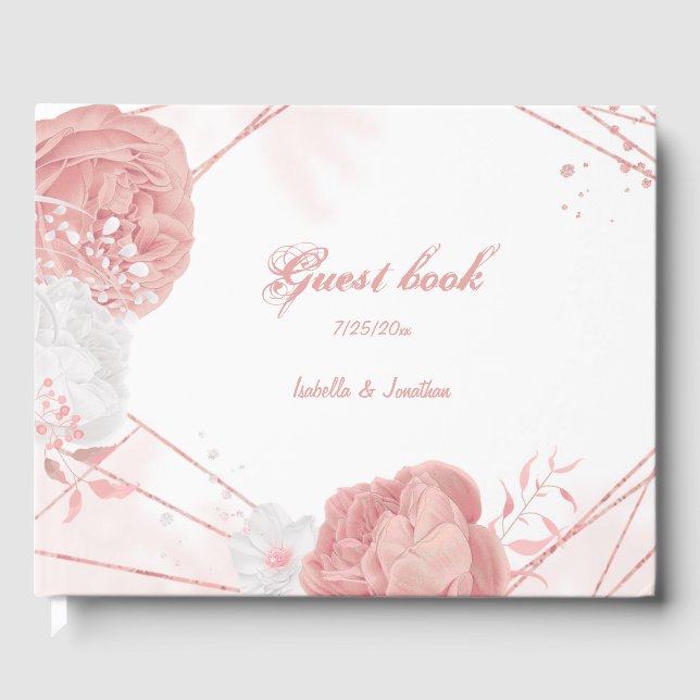 Livro De Visitas casamento botânico romântico de flores rosa e bran (Frente)