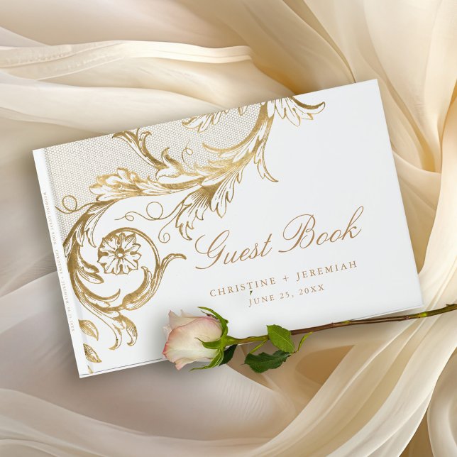 Livro De Visitas Casamento Branco Dourado Floral Damask Script Vint (Elegant White Gold Floral Damask Script Wedding Guest Book)