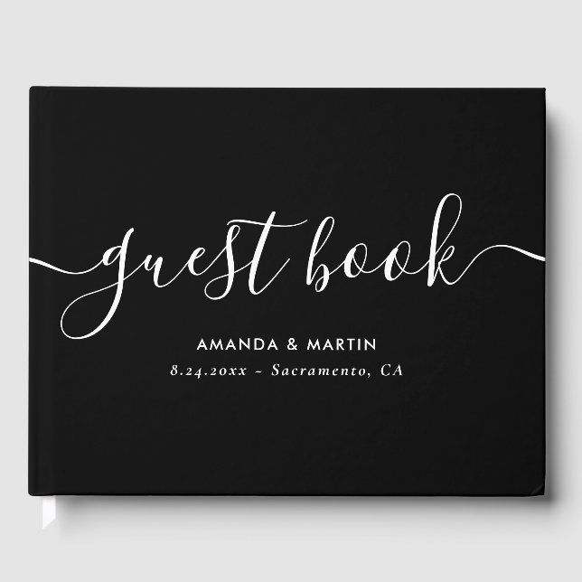 Livro De Visitas Casamento Branco e Preto de Script Moderno Elegant (Frente)