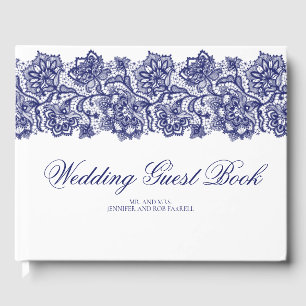Livro De Visitas Casamento Branco Elegante de Lace Azul marinho