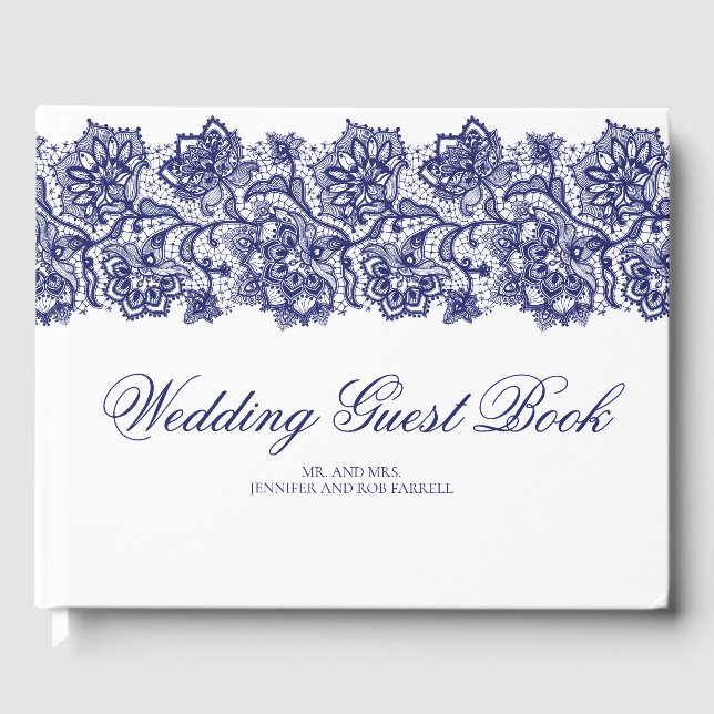 Livro De Visitas Casamento Branco Elegante de Lace Azul marinho (Frente)